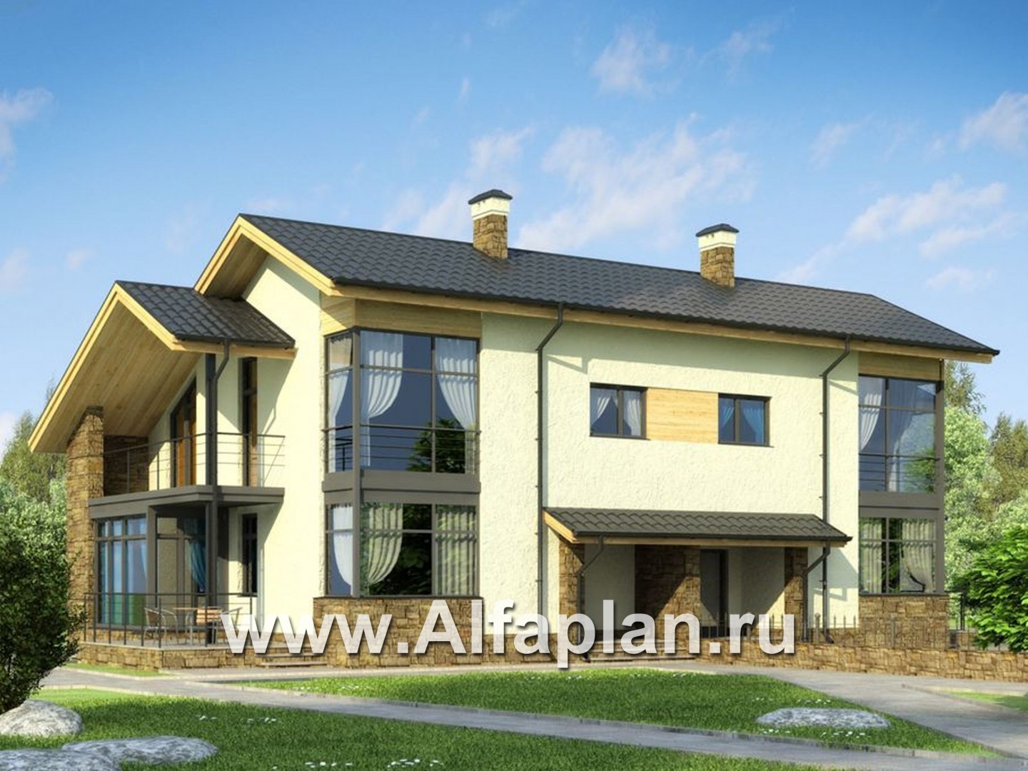 Проекты домов Альфаплан - Современный проект дома на две семьи (дуплекс) - основное изображение